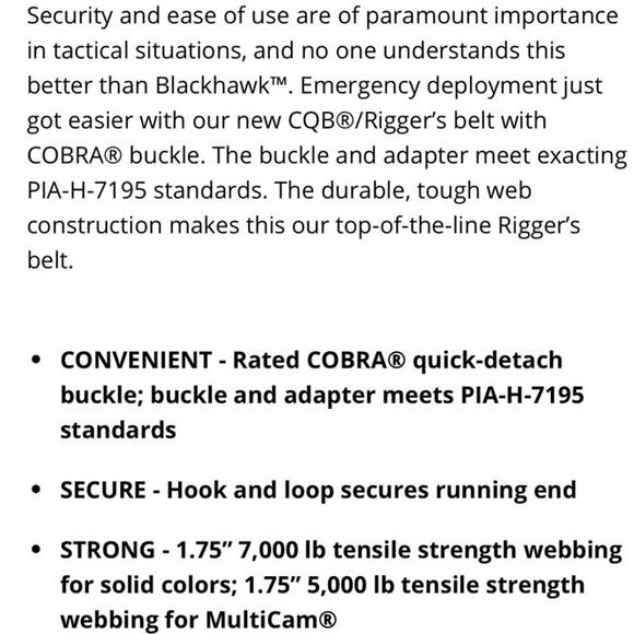 Black Hawk Warrior Rigger Belt with Cobra Buckle SzS - Picture 4 of 8